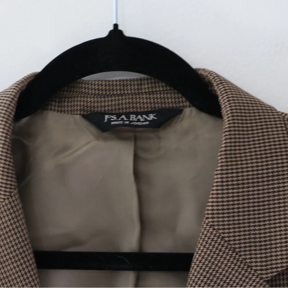 Jos A Bank Men Wool Sport Coat Blazer 2 Button Houndstooth Brown Tan Check 42S